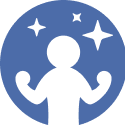 Blue-gray circle with cut out of person with arms raised and stars above head
