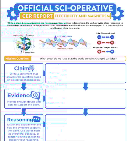 Image of a worksheet prompting students to create a claim, evidence, and reasoning about charged particles based on electricity and magnetism concepts.