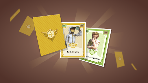 Illustration of collectible career cards from Plasma Games. Two visible cards feature a Chemist in a lab suit and an Animal Scientist with a clipboard. Other cards are face-down, with a gold star emblem on a brown and yellow background.