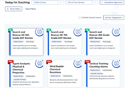 Screenshot of middle school end-of-year review resources in the Plasma Games portal. It includes Search and Rescue digital games for 6th–8th grade.