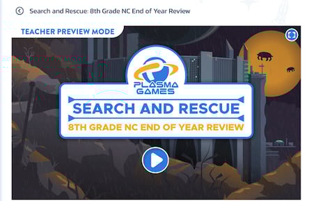 Start screen for Plasma Games’ 'Search and Rescue: 8th Grade NC End of Year Review' in Teacher Preview Mode. The background shows a dark, futuristic landscape with cliffs and buildings under an orange moon, featuring flying vehicles and animals.