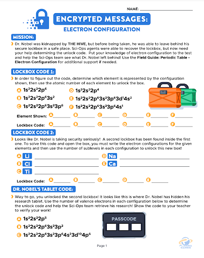 Student worksheet titled 'Encrypted Messages: Electron Configuration' featuring a mission to unlock codes using electron configurations. Includes three color-coded lockbox sections and atomic orbital notations to identify elements and solve a passcode puzzle.