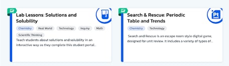 Screenshot of the Plasma Games lessons page showing a green flag in the upper left corner of a resource tile indicating the resource is an interactive