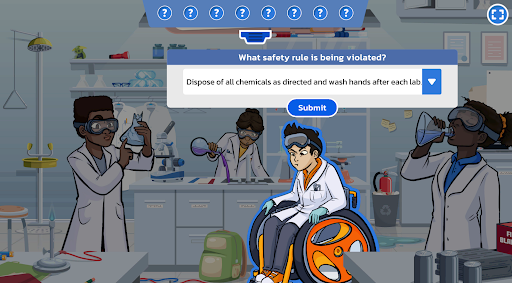 A screenshot of the interactive Operation Observation Lab Safety showing a lab scenario where students identify violated safety rules.
