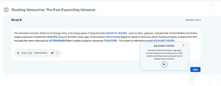 An image of the text of a reading interactive passage about the ever expanding universe. This text shows clickable vocabulary words and a read aloud function.