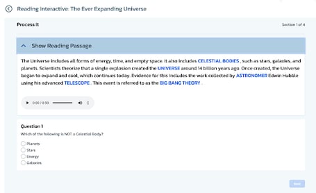 An image of text from a reading interactive passaged titled the ever expanding universe. Below the text is the multiple choice question, Which of the following is NOT a Celestial Body?