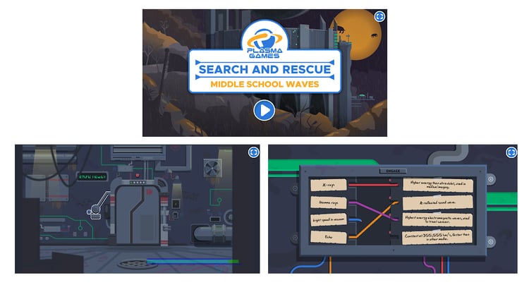 Three images in a pyramid position. Top: Start screen of Plasma Games’ “Search and Rescue: Middle School Waves” with a play button icon. Left: Image of a search-and-rescue level. Right: Matching puzzle challenge with terms on the left from MS Waves Search and Rescue.