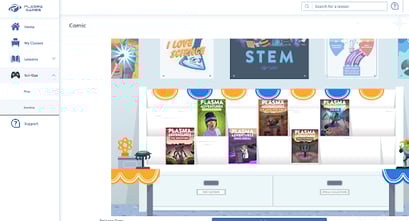 Screenshot of the Sci-Ops: Global Defense comic stand in the Plasma Games Teacher Portal, displaying multiple comic book covers featuring STEM-themed characters and scenes, with options to scroll and access individual issues.