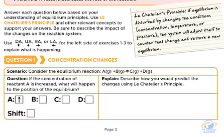 Image of a piece of content using Le Chatelier's Principle to predict equilibrium shifts with labeled diagrams and structured questions.