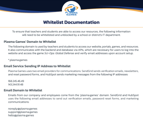 Plasma Games Whitelist Documentation page with a logo at the top. It outlines domains, IP addresses, and email addresses that need to be whitelisted for access. Includes *.plasma.games, IPs (168.245.46.49, 143.244.91.48), and emails (noreply@plasma.games, support@plasma.games, hello@plasma.games).