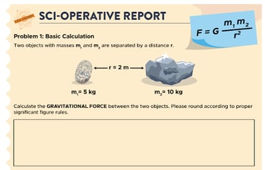 An image of a worksheet featuring a problem to calculate the gravitational force between two objects with given masses and distance, using the gravitational force formula.