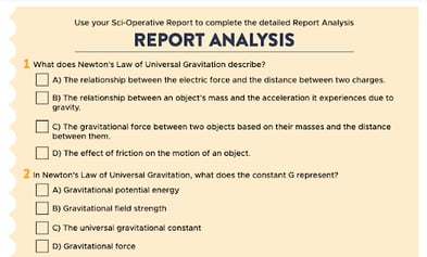 An image of a worksheet with multiple-choice questions exploring the concepts of Newton's Law of Universal Gravitation, including its description and the meaning of the constant G.
