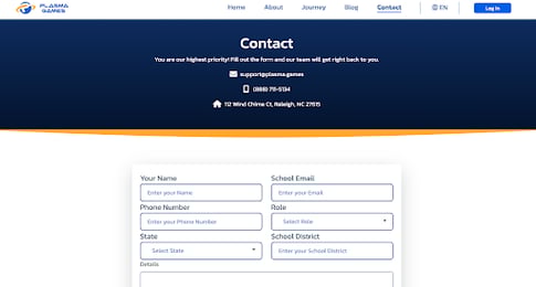 Plasma Games Contact page with a dark blue header, navigation menu, and 'Log In' button. Below, contact info includes email, phone, and address. A white form features fields for name, school email, phone, role, state, district, and details, inviting users to reach out for support.