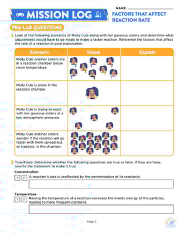 A piece of content titled Mission Log: Factors that Affect Reaction Rate with scenarios, visuals, and questions exploring reaction rate factors like concentration, pressure, and temperature.