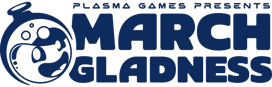 Plasma Games Presents 'March Gladness' logo. Dark blue text with a stylized laboratory flask on the left, containing bubbles and a swirling liquid design.