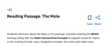 Plasma Games resource page highlighting the Save icon next to 'Reading Passage: The Mole.' The page includes a brief description mentioning the BEAM strategy and Make Connections Prompts. The Save icon appears next to a Share option.
