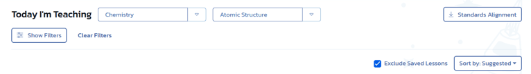 Plasma Games lesson filtering interface highlighting the 'Exclude Saved Lessons' checkbox. The interface includes dropdowns for subject ('Today I'm Teaching' - Chemistry, Atomic Structure), buttons for 'Show Filters' and 'Clear Filters,' and options for 'Standards Alignment' and 'Sort by Suggested.