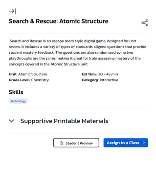 Image of the Search and Rescue: Atomic Structure lesson description, unit, grade level, est time, category and supportive printable materials