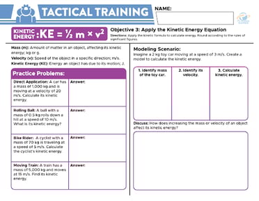An image of a 'Tactical Training' worksheet with kinetic energy problems and a scenario modeling how mass and velocity impact energy.