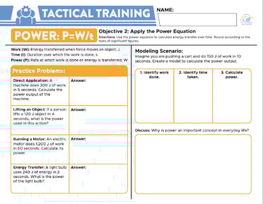 An image of a 'Tactical Training' worksheet applying the power equation to real-life problems with scenarios involving work done over time.