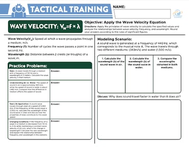 An image of a 'Tactical Training' worksheet exploring wave velocity using practice problems and a modeling scenario comparing sound speed in water and air.