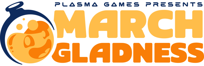 Image of a dark blue round flask containing orange liquid with a eyes and a smile. The flask is to the left of the words Plasma Games presents March Gladness.