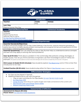 An image of a lesson plan formatted as a table with a white Plasma Games logo on top.
